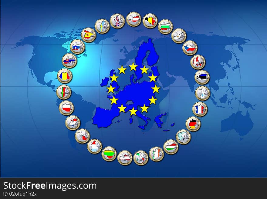 European Unions flags stamped in euro coins. European Unions flags stamped in euro coins