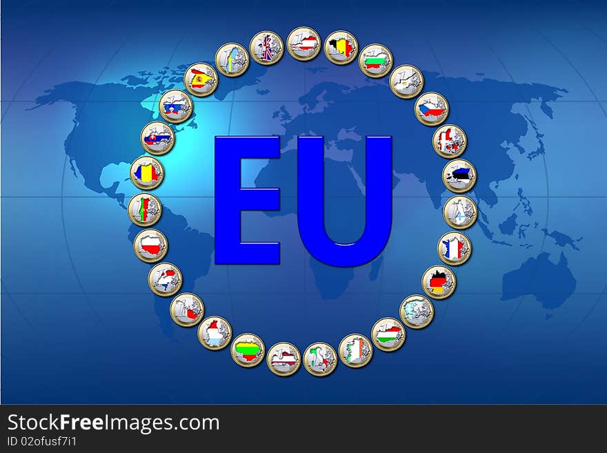 European Unions flags stamped in euro coins. European Unions flags stamped in euro coins