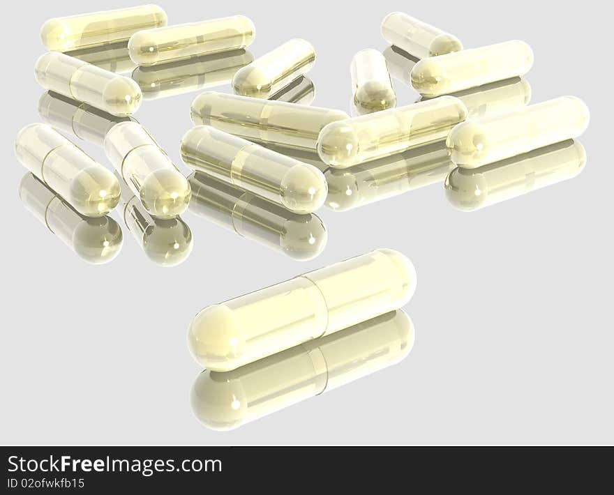 3D rendered blue-white reflective pills on glass support