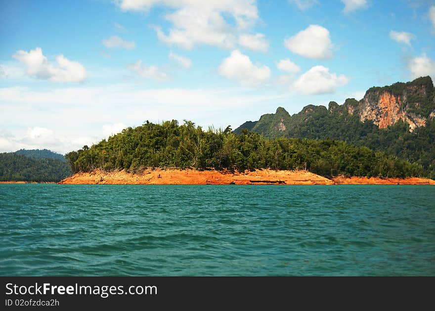 High cliffs on the tropical island. Exotic tropical landscape.