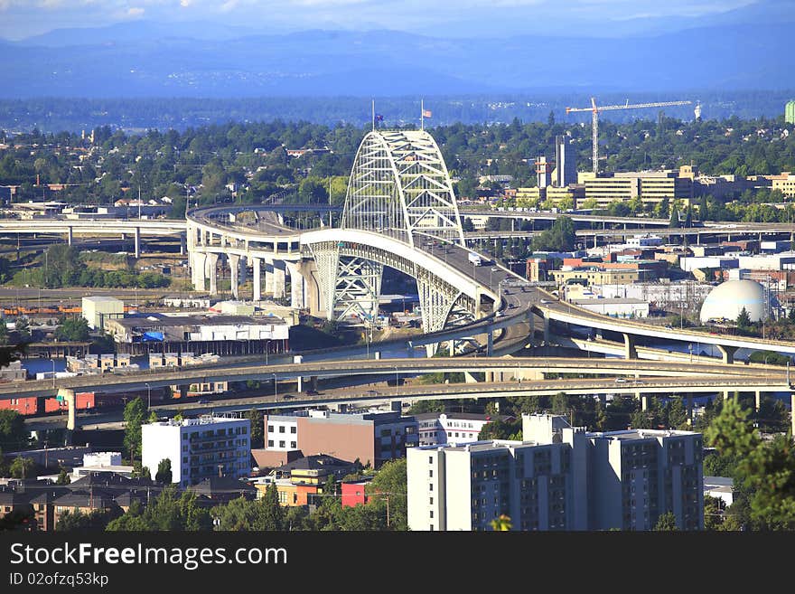 The Fremont bridge and traffic seen from the west hills at sunset. The Fremont bridge and traffic seen from the west hills at sunset.