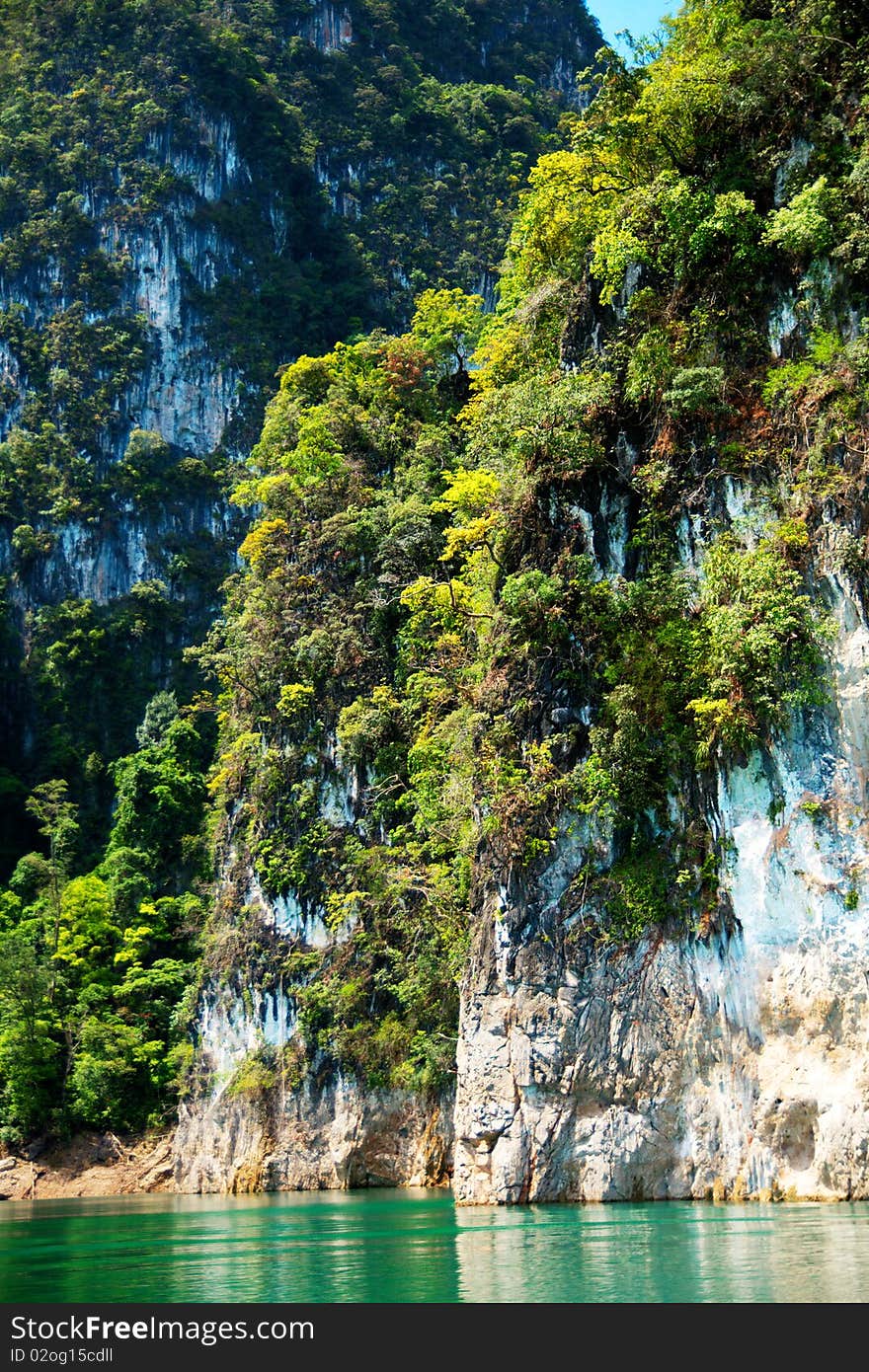 High cliffs on the tropical island. Exotic tropical landscape.