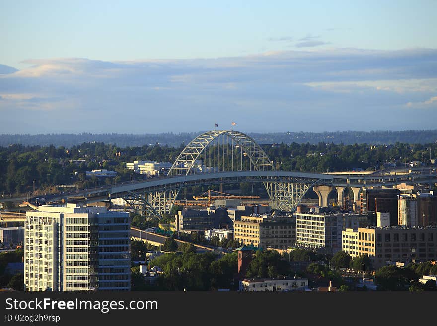 The Fremont bridge and surrounding area at sunset, Portland Oregon. The Fremont bridge and surrounding area at sunset, Portland Oregon.