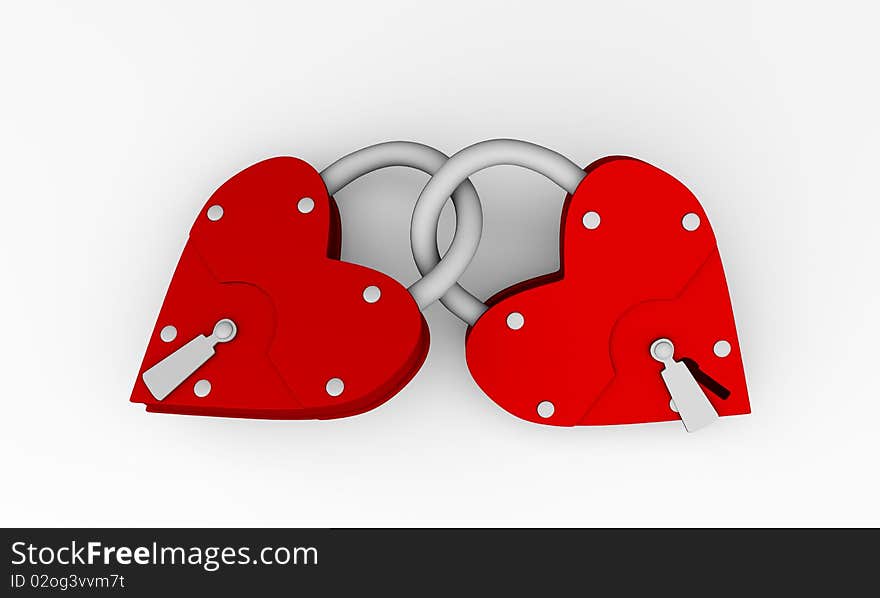 Two hearts as two loving people, closed with a key (3d). Two hearts as two loving people, closed with a key (3d)