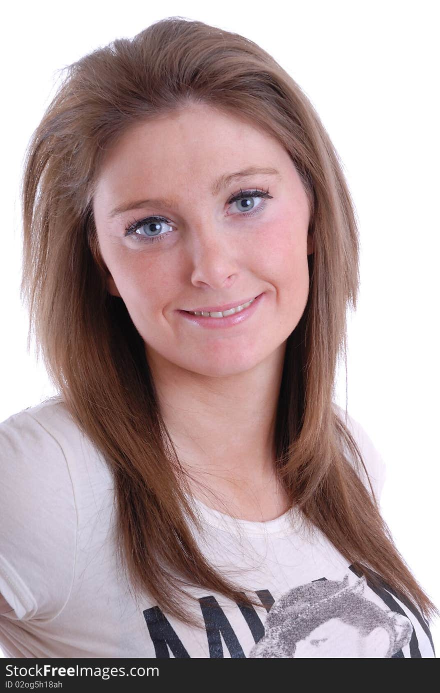 Photograph showing happy smiling young woman isolated against white