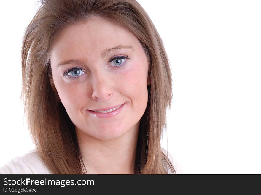 Photograph showing happy smiling young woman isolated against white