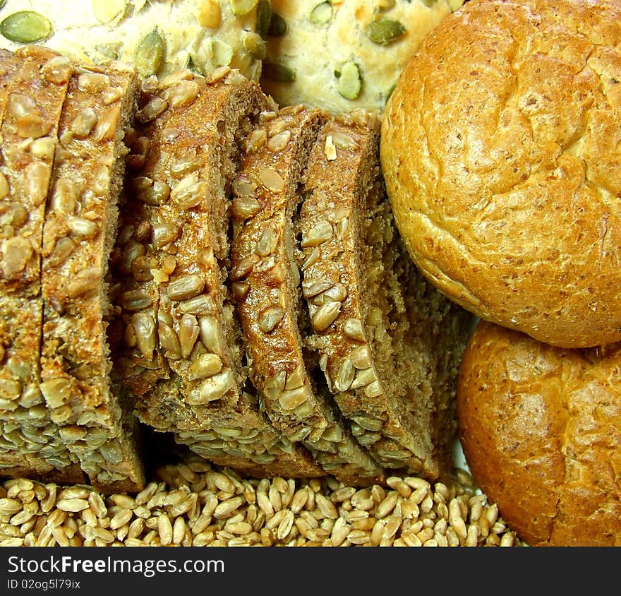 Assortment of baked bread and grains. Assortment of baked bread and grains