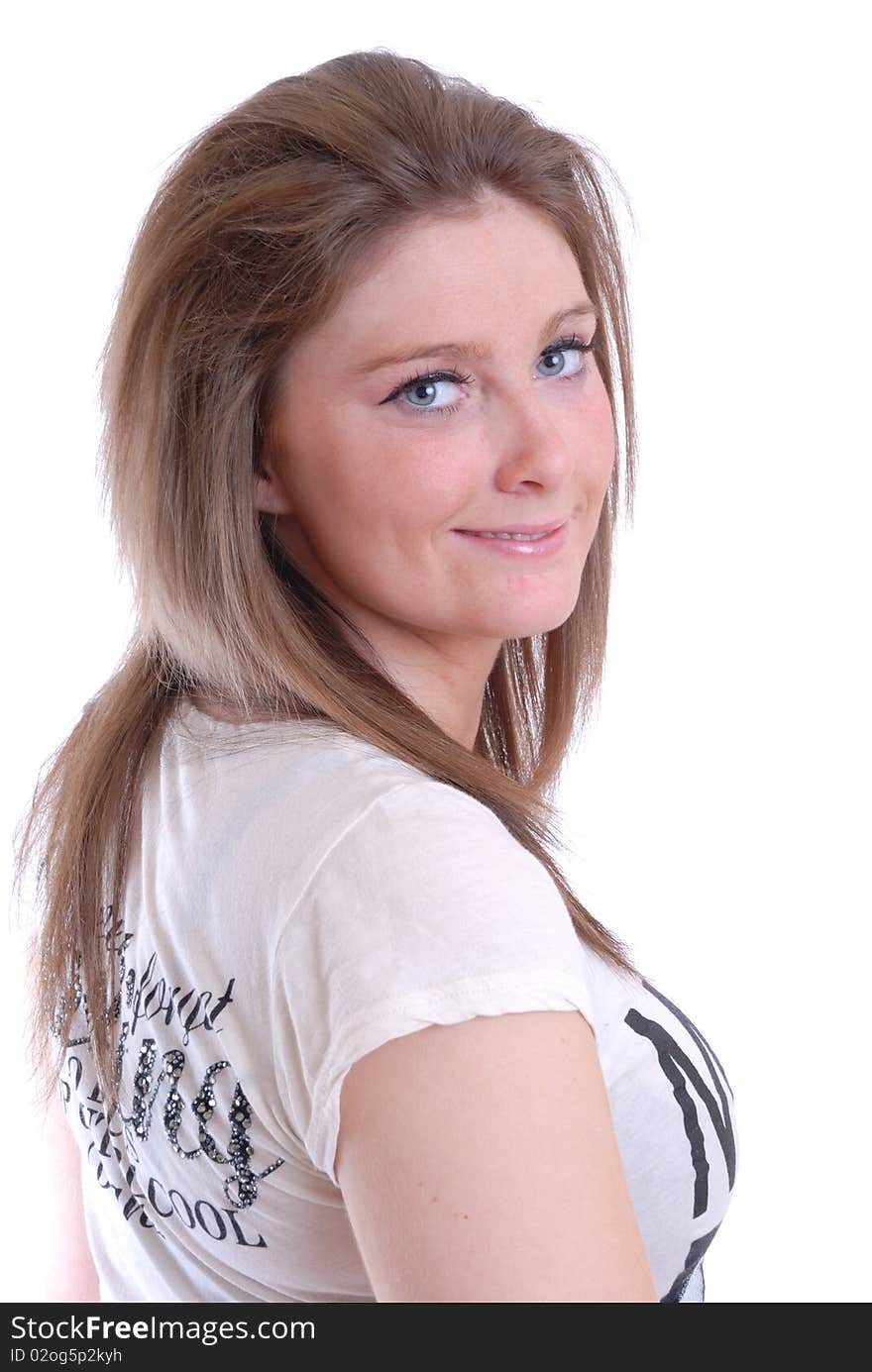 Photograph showing happy smiling young woman isolated against white