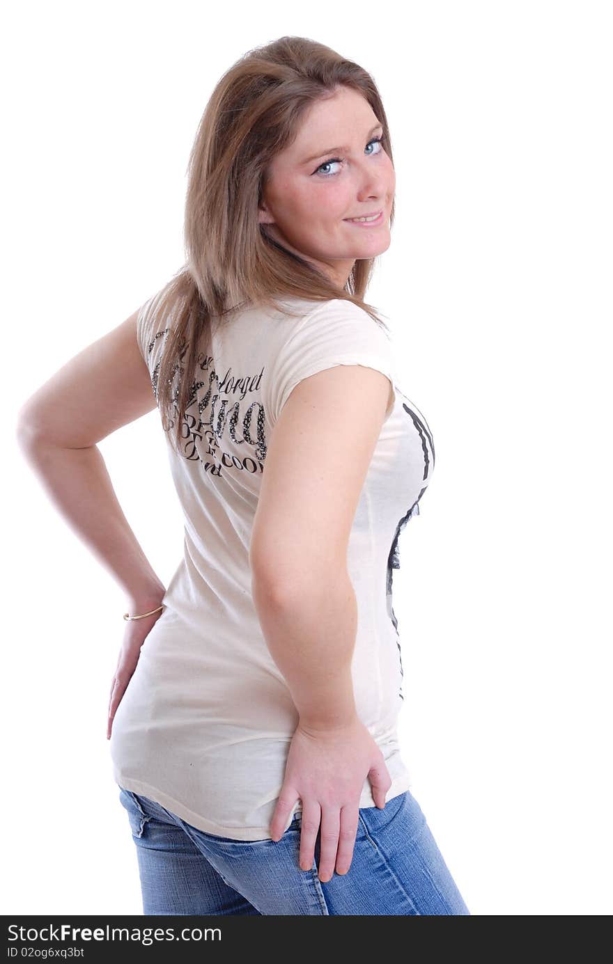 Photograph showing happy smiling young woman isolated against white. Photograph showing happy smiling young woman isolated against white