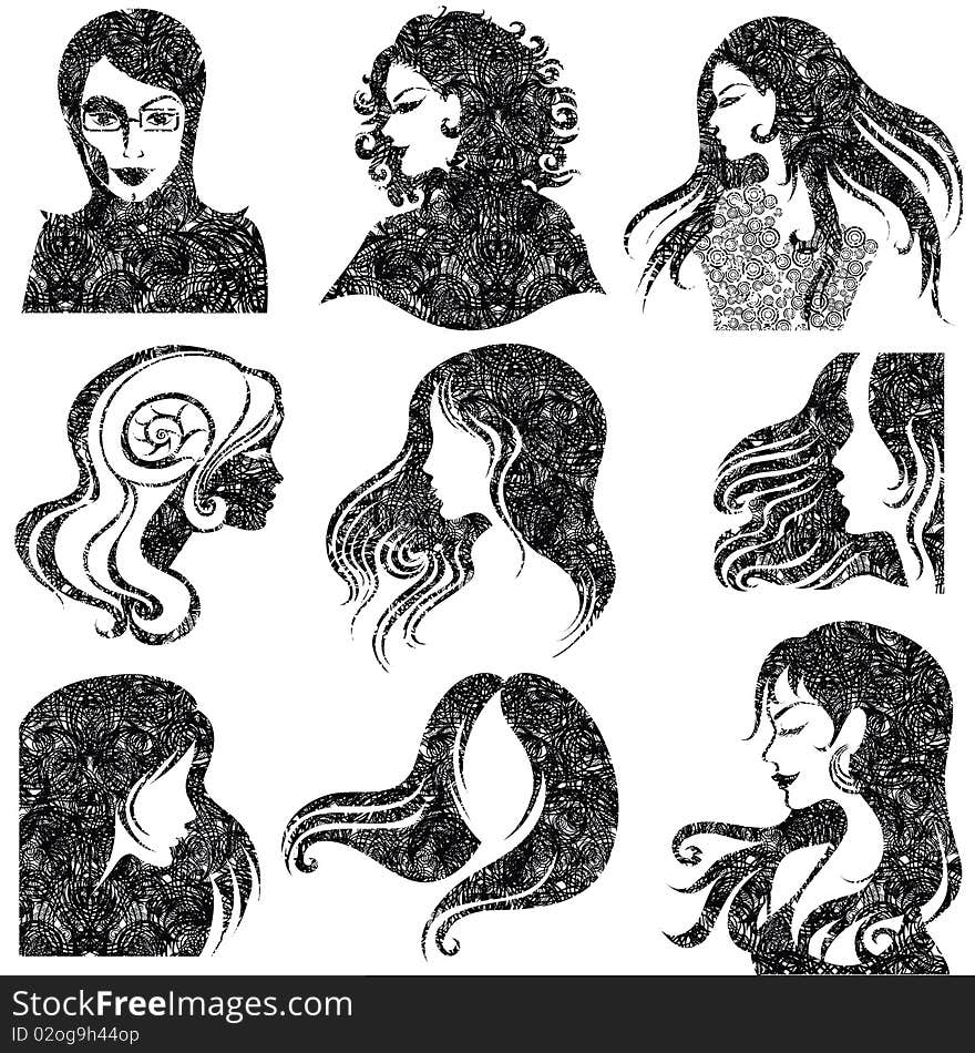 Vector set of closeup grunge portrait of beautiful woman with long hair (From my big Vintage woman collection )