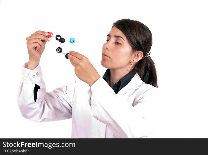 Female scientist with organic molecule