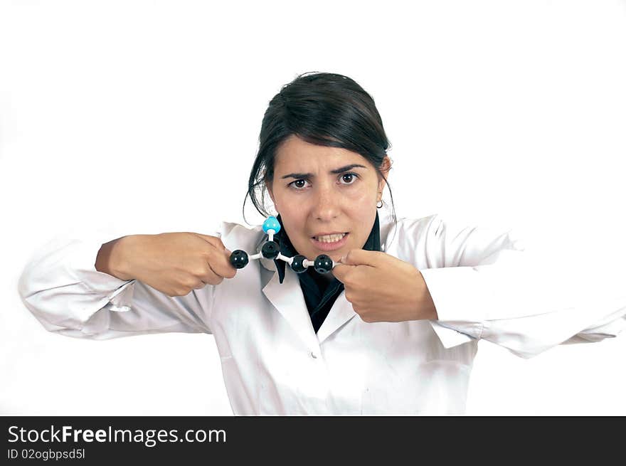 Female scientist stressing with organic molecule