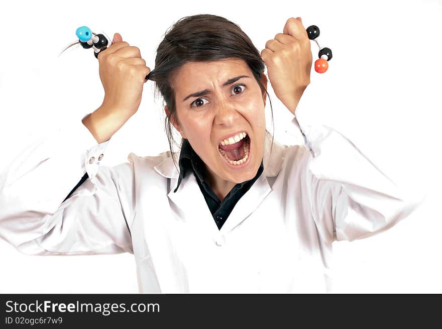 Female scientist stressing with organic molecule