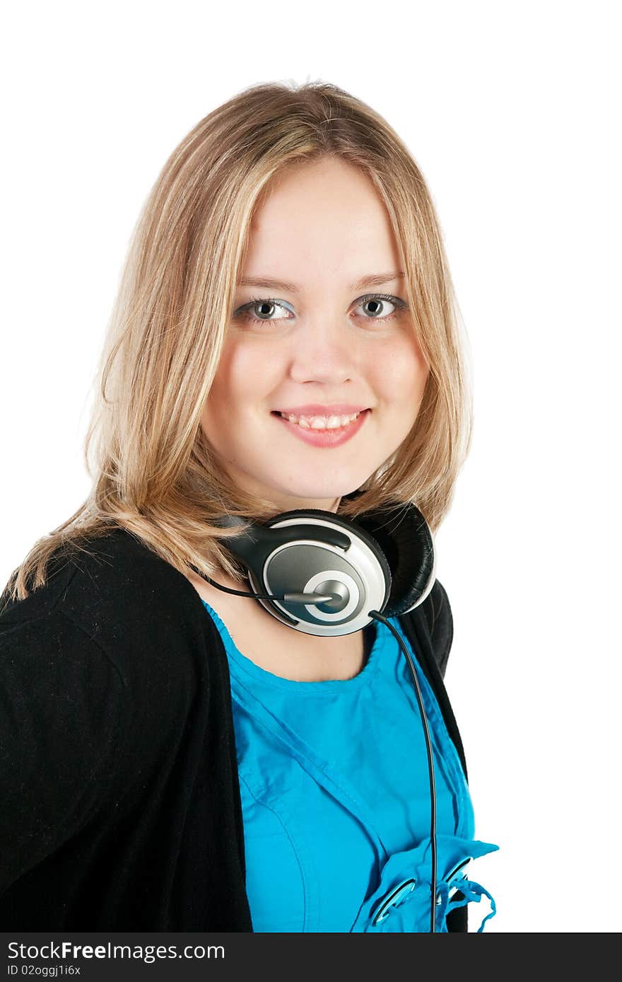 Beautiful young smiling cheerful woman with headphones with microphone. Isolated on white. Beautiful young smiling cheerful woman with headphones with microphone. Isolated on white.