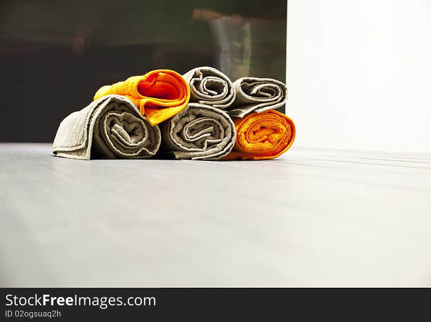 A set of Colored rolled towels. A set of Colored rolled towels