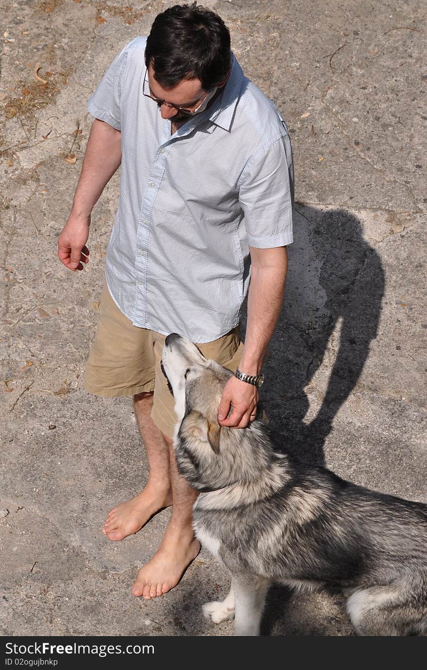 A man and his huge dog. A man and his huge dog.