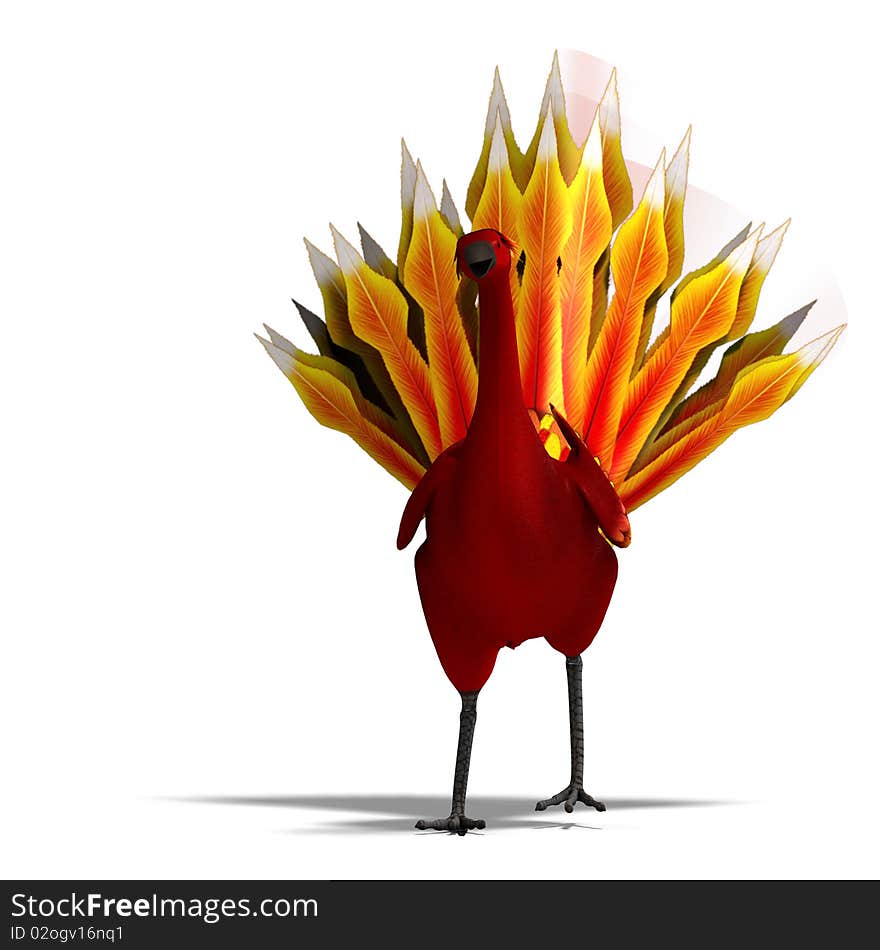 Red fantasy bird with beautiful feathers. 3D rendering with clipping path and shadow over white