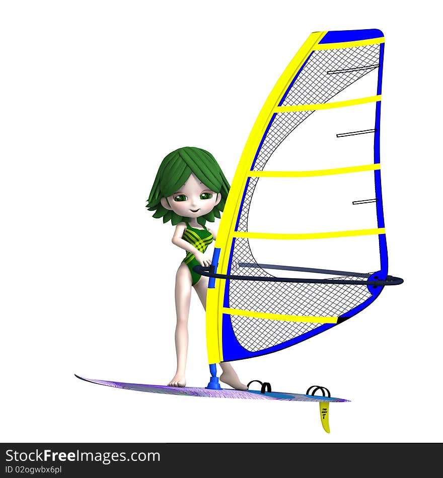 Sweet cartoon girl standing on a surfboard. 3D rendering with clipping path and shadow over white