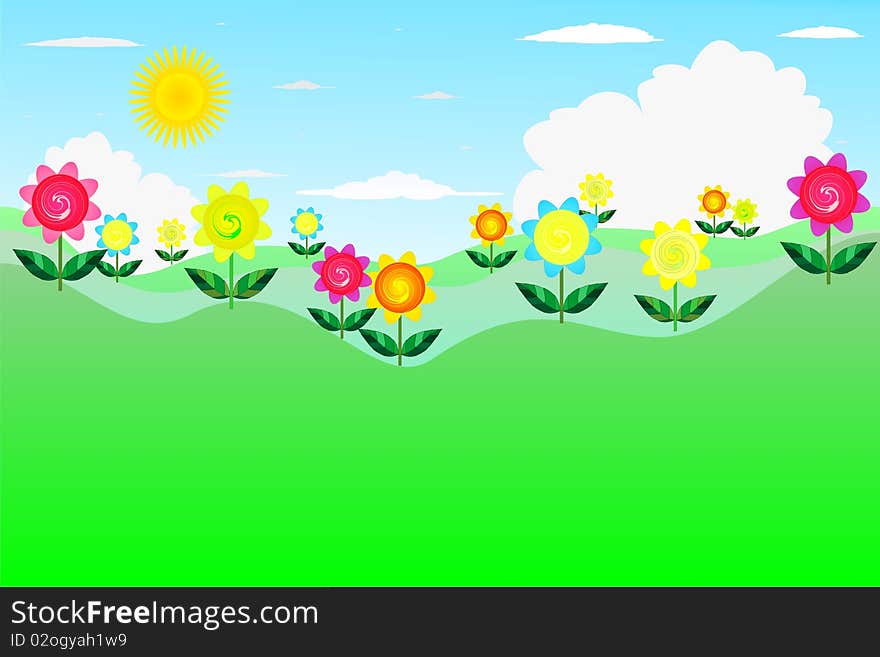 Green waves, sky and flowers as background. Green waves, sky and flowers as background