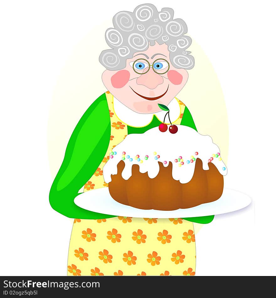 Smiling cartoon granny holding sweet pie. Smiling cartoon granny holding sweet pie