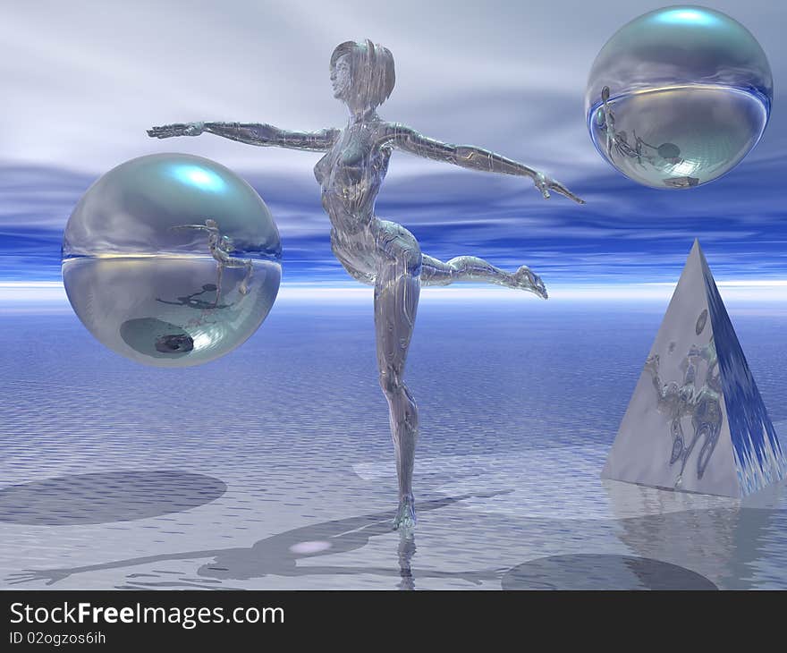 3D render of an etched metal woman performing a ballet arabesque position.  Abstract render, reflective objects surround model. 3D render of an etched metal woman performing a ballet arabesque position.  Abstract render, reflective objects surround model.