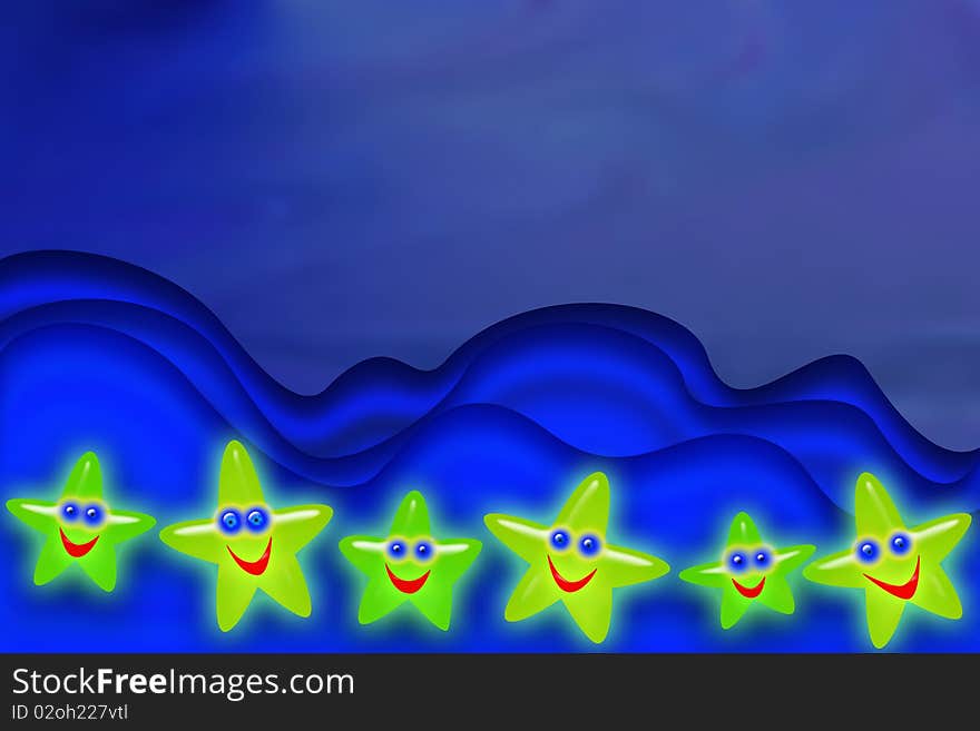 Blue background with waves decorated with green stars. Blue background with waves decorated with green stars