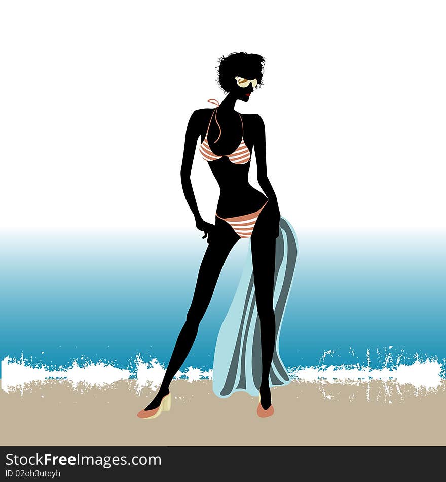 Beach girl with grunge vector background