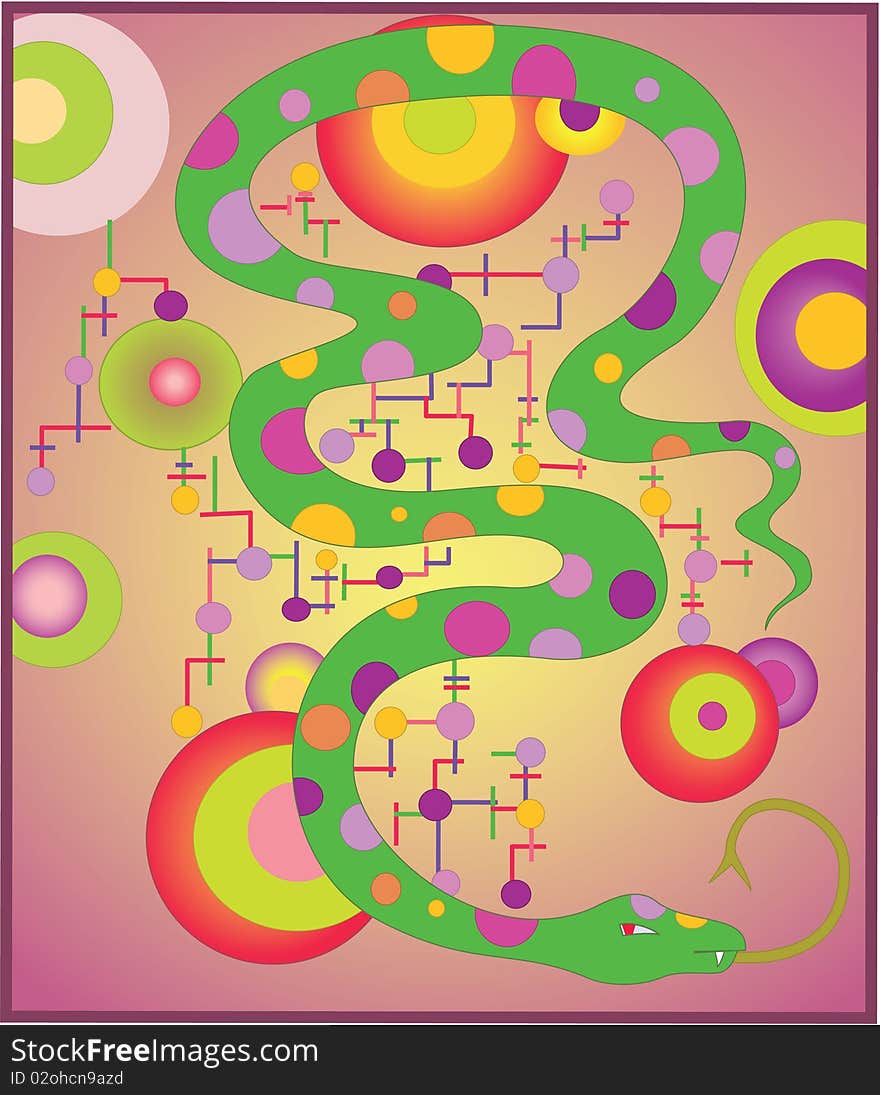 Illustration of a green snake on colorful background
