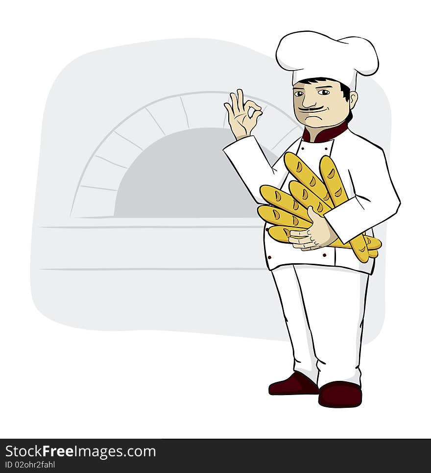 Big chef is holding fresh bread, baguettes. Big chef is holding fresh bread, baguettes.