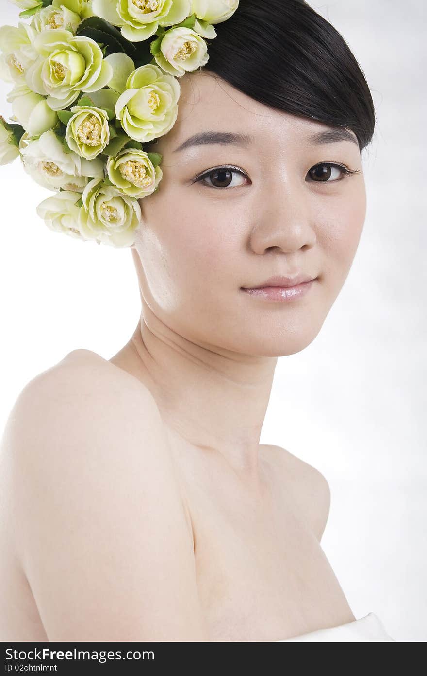 Beautiful bride with perfect natural makeup,flowers on head,smiling