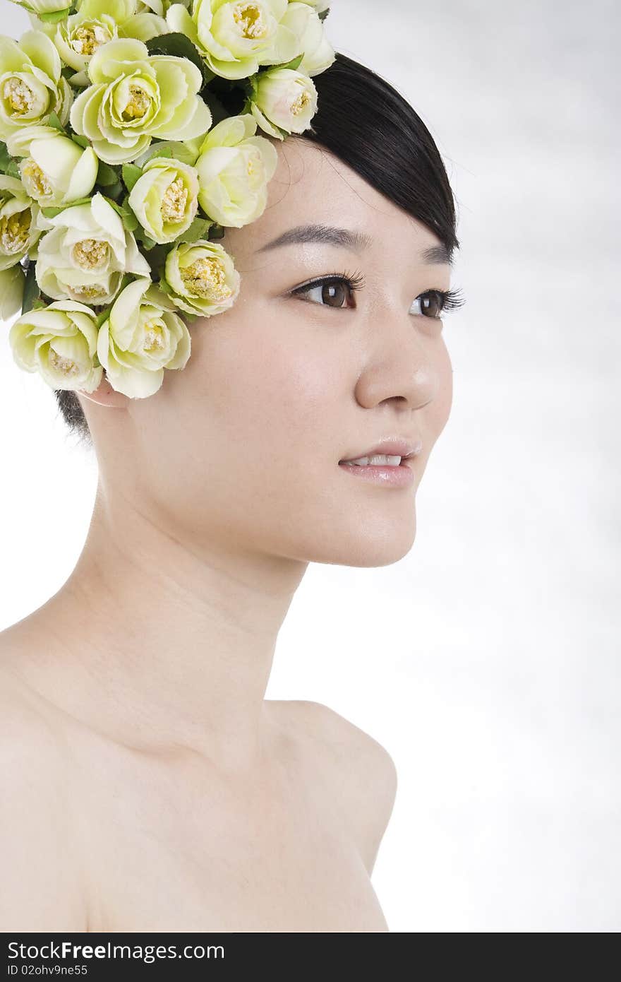 Beautiful bride with perfect natural makeup,flowers on head,smiling