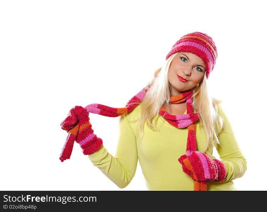 Seasonal portrait of pretty funny woman in hat and gloves smiling