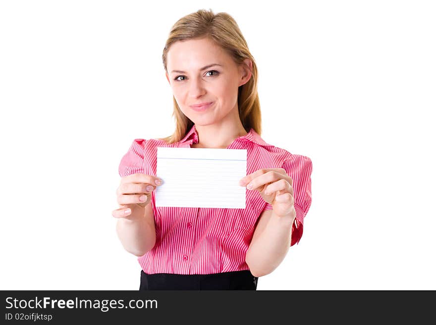 Young very attractive businesswoman in pink shirt holds empty card, copyspace concept, studio portrait shoot isolated on white background. Young very attractive businesswoman in pink shirt holds empty card, copyspace concept, studio portrait shoot isolated on white background