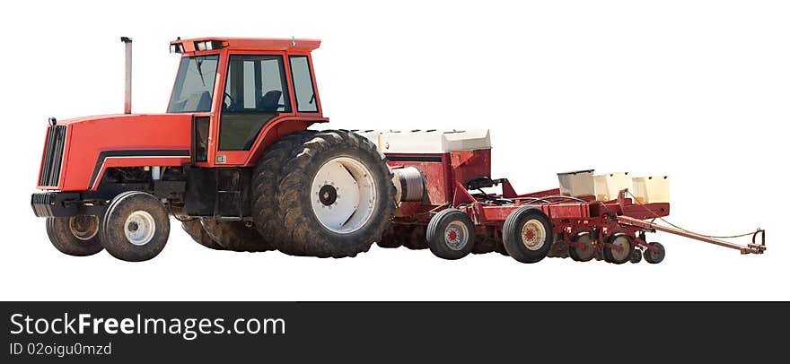 Red tractor pulling a planter isolated on white