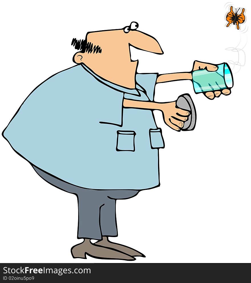 This illustration depicts a man letting a butterfly out of a glass jar. This illustration depicts a man letting a butterfly out of a glass jar.