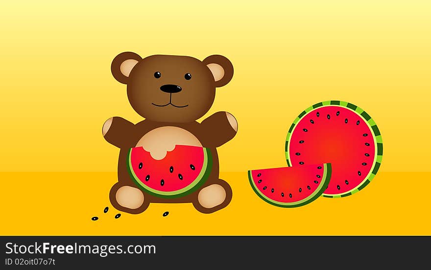 Bear eating fresh and juicy watermelon. Bear eating fresh and juicy watermelon