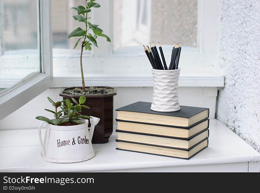 Books, Flowers And Pencils