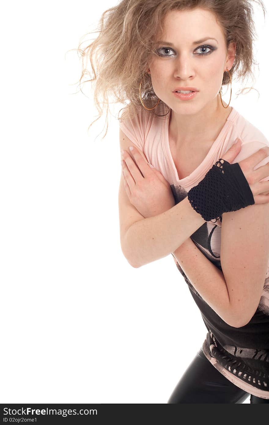 Young fashion model is dancing. Isolated shot over white background. Young fashion model is dancing. Isolated shot over white background.