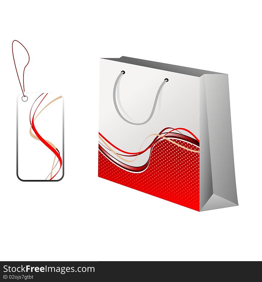 Shopping bag and a tag with model. Vector illustration.