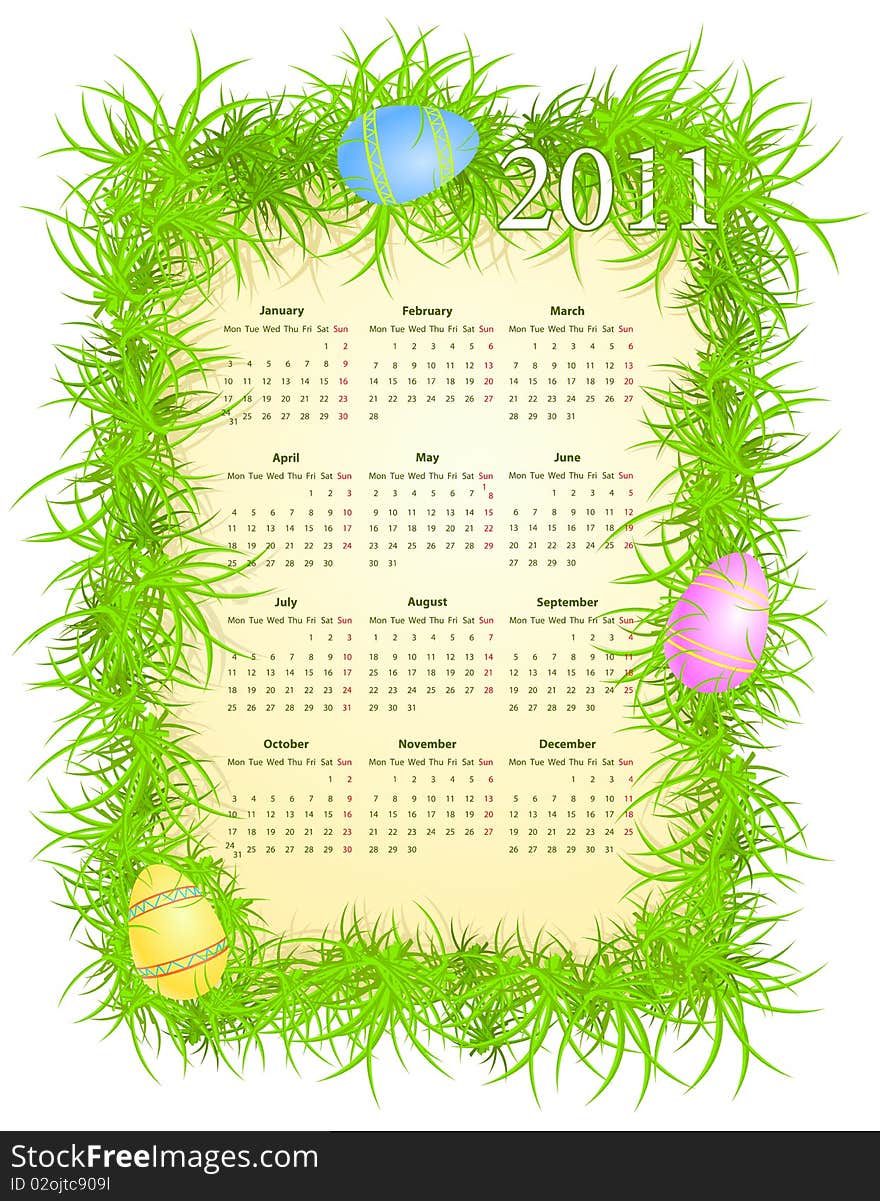 Vector illustration of Easter calendar 2011, starting from Mondays