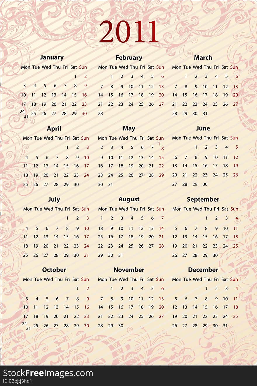 European Vector pink floral calendar 2011, starting from Mondays. European Vector pink floral calendar 2011, starting from Mondays