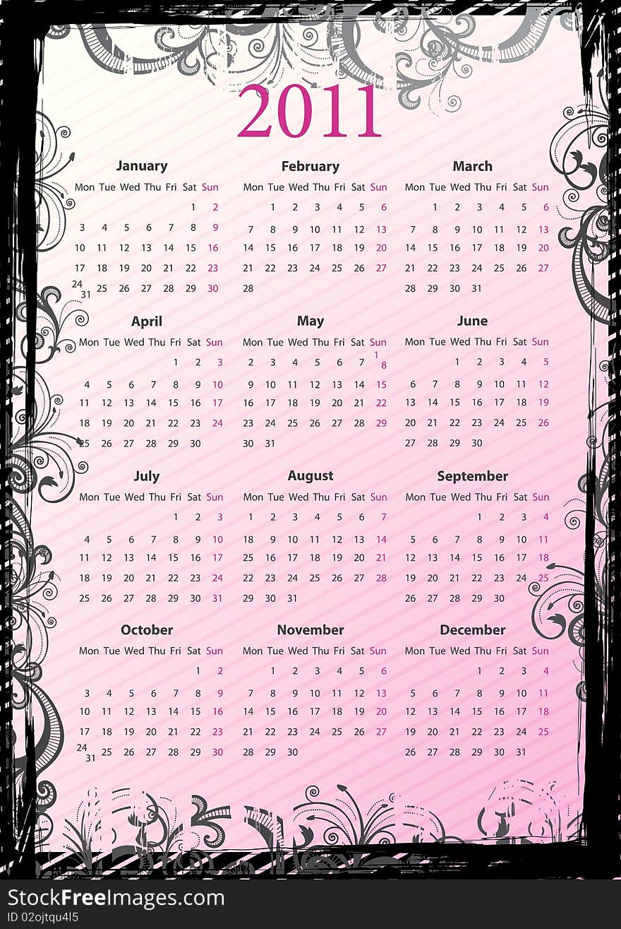 European Vector pink floral grungy calendar 2011, starting from Mondays. European Vector pink floral grungy calendar 2011, starting from Mondays