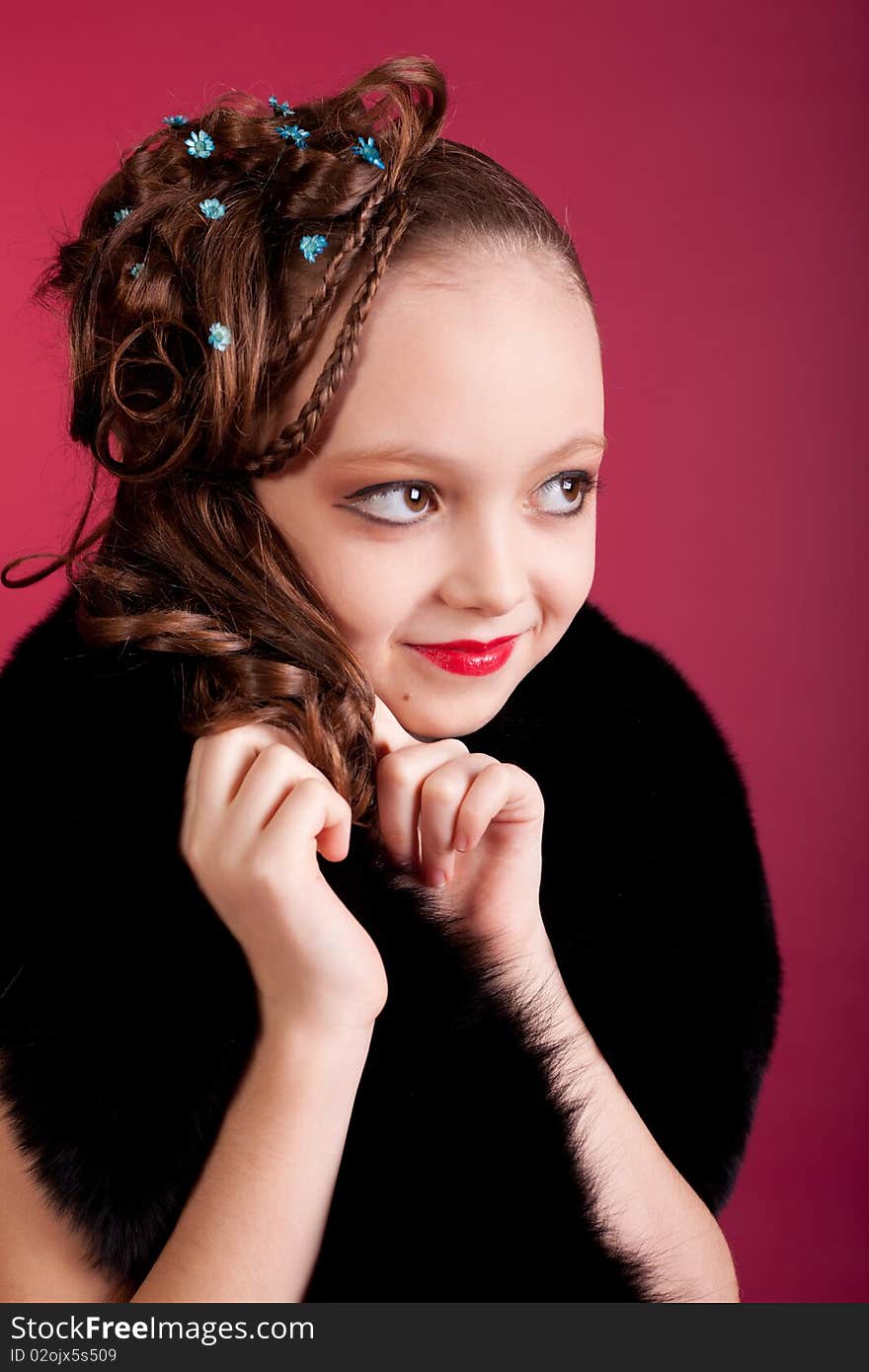 Young Girl Posing On Red Background