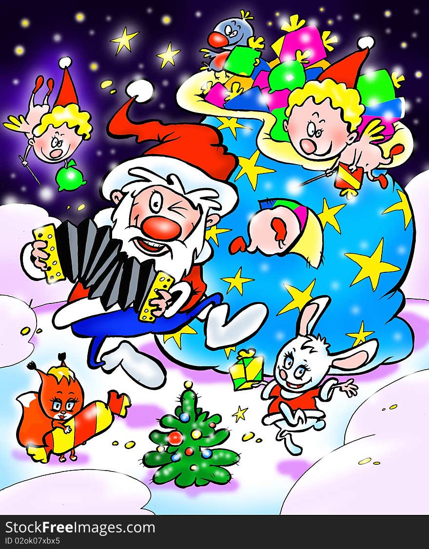 Dancing Christmas Santa Claus with animals or elfs