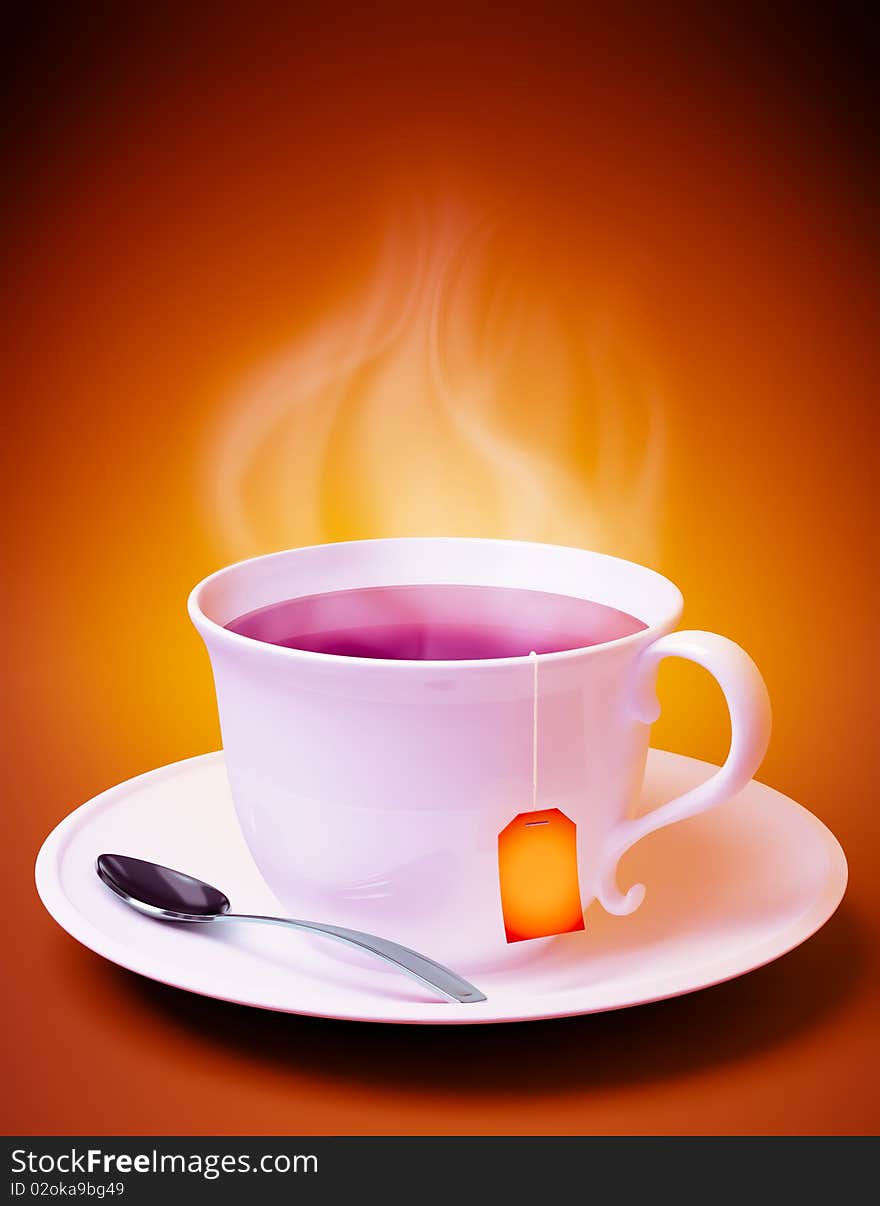 Tea Cup With Spoon On Orange Background