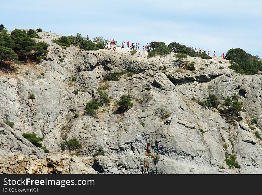 Crimean Mountains lookout. Excursion. People. Crimean Mountains lookout. Excursion. People