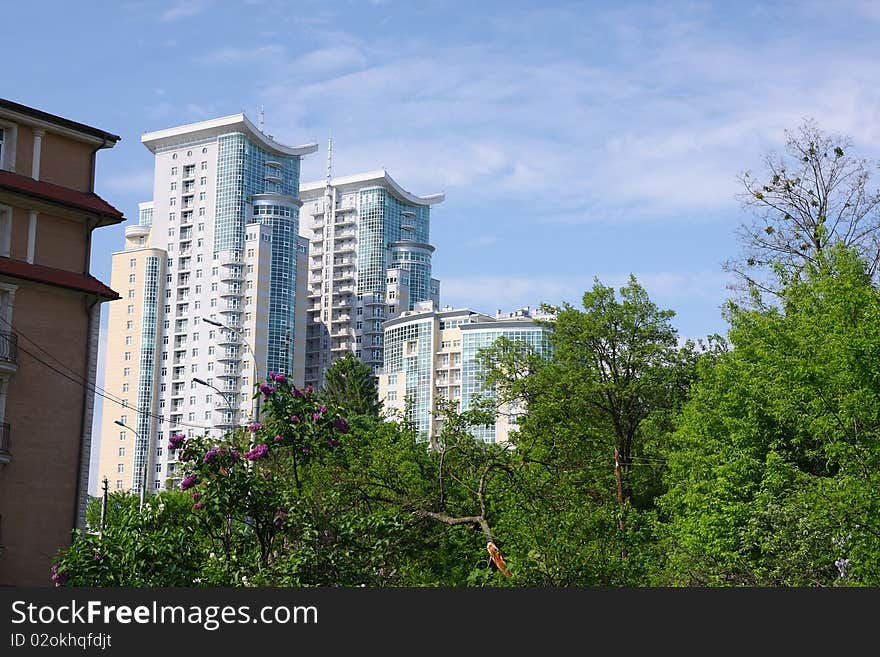 City landscape from modern buildings and blue sky