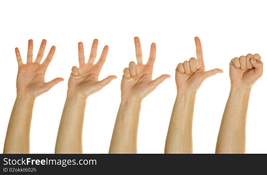 Counting Hands from one to five, isolated over white background