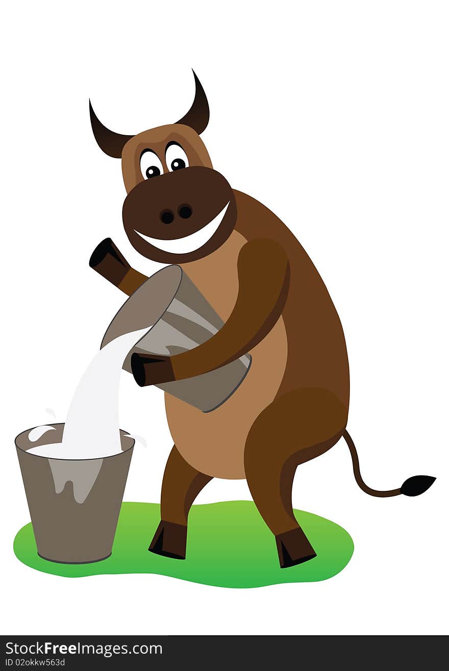 The bull pours milk in a bucket. The bull pours milk in a bucket