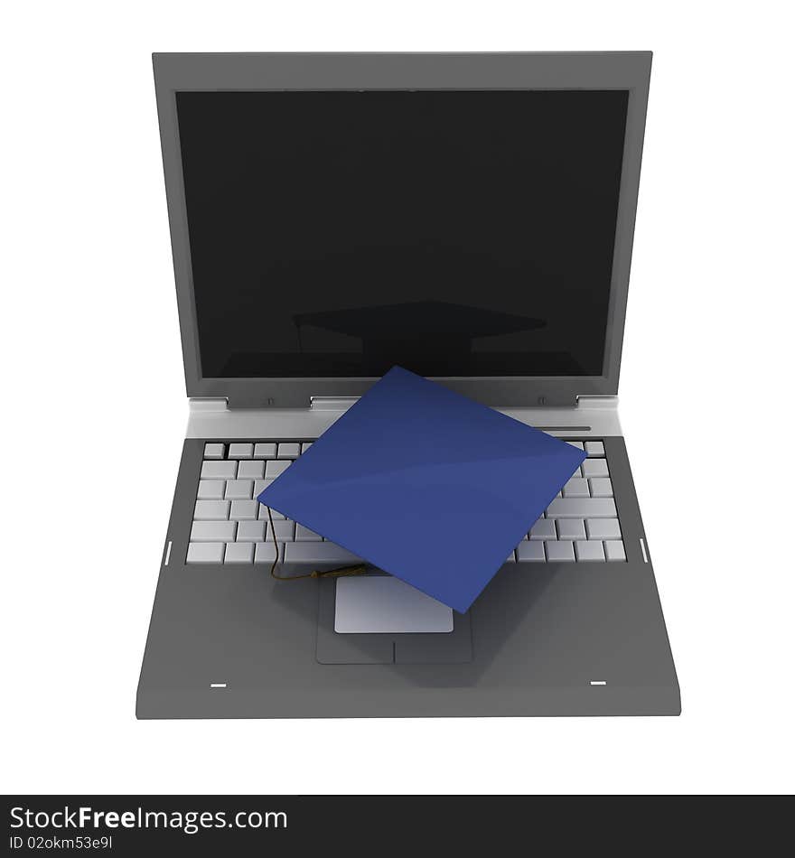 Grey notebook and bachelor's hat. Isolated on white